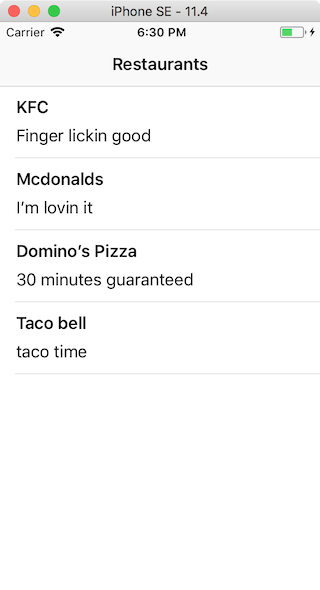 restaurants view controllers